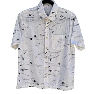 Sun + Stone Linen Cotton Floral Wave Coastal Resortwear Shirt Mens S White Beach